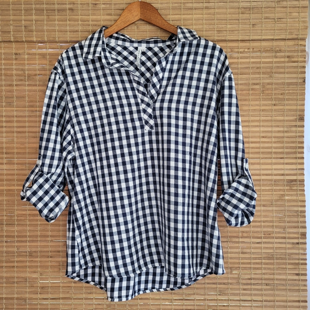 Lulu-B Long Sleeve Gingham Pullover Collared Blouse, Navy Blue and White Size L - Picture 2 of 12